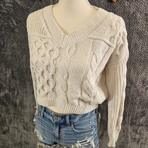 Cream Mixed Cable Knit V-Neck Cropped Sweater Off-White Patchwork Relaxed Fit